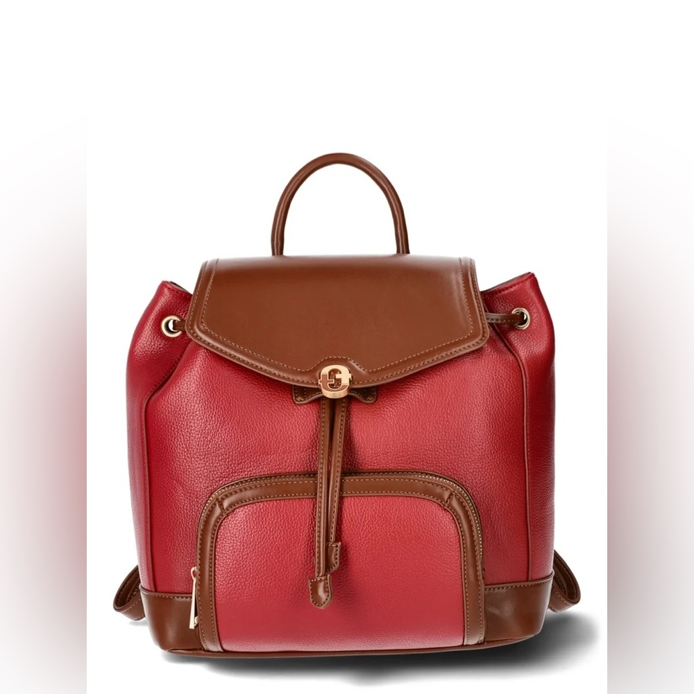 Time and Tru Women's Faux Leather Drawstring Backpack, Persimmon/Brown Chestnut